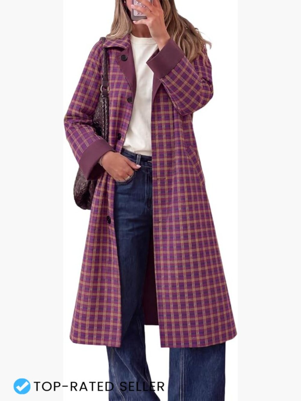 Long Plaid Reversible Trench Coat Windproof Button Down Loose Fit Fall Layering